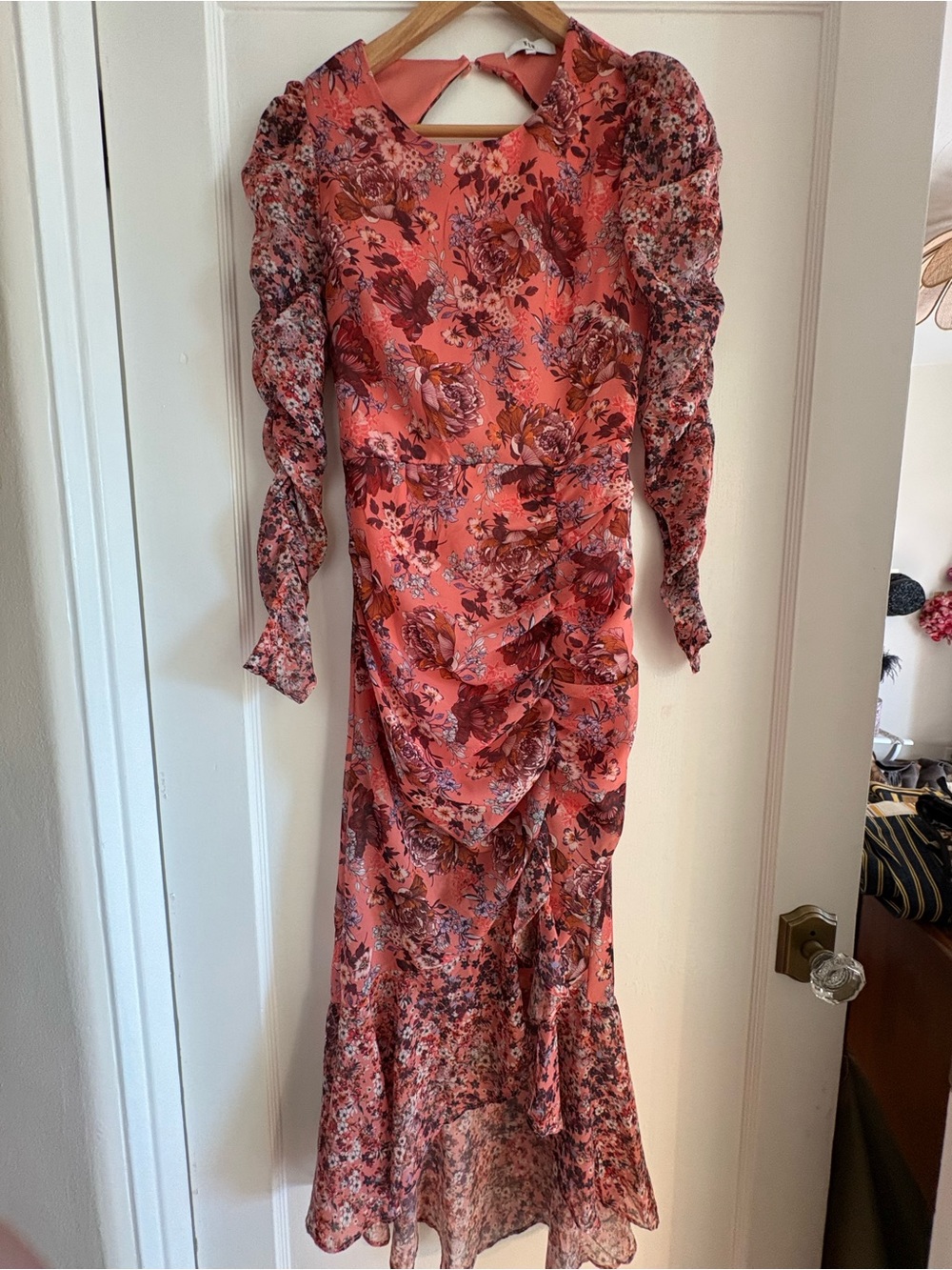 NSR Coral Floral Maxi Dress with Puff Sleeves